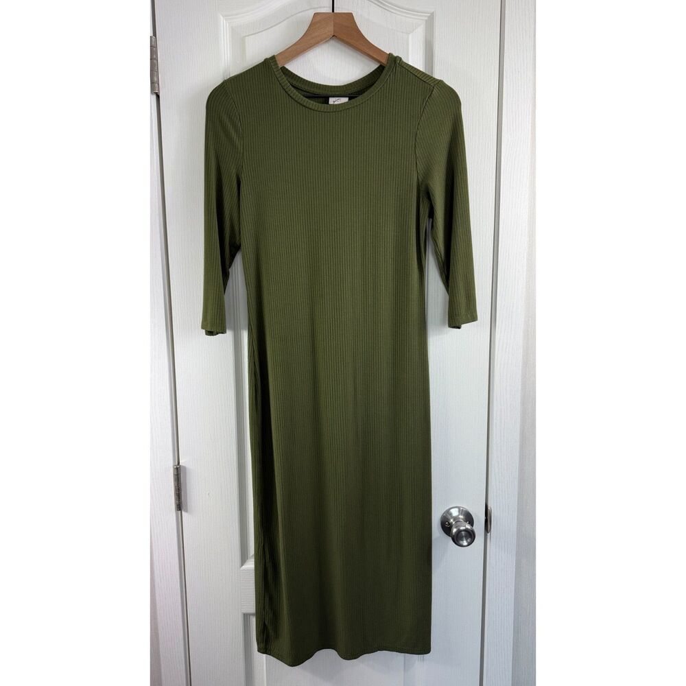 A New Day Ribbed Knit Midi Dress Green 3/4 Sleeve Rayon Spandex Women's S Small